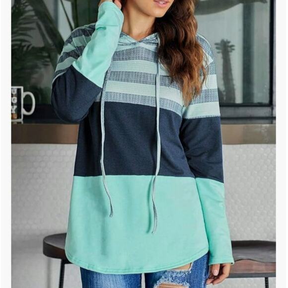 Pullover Hoodie Stripe Colorblock Womens Top Sz XL Green Blue Long Sleeve Shirt - Picture 11 of 16